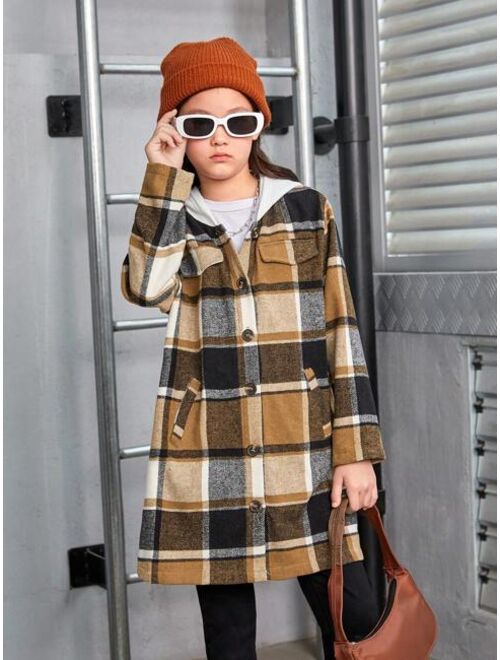 SHEIN Tween Girl Plaid Print Hooded Neck Dual Pocket Coat