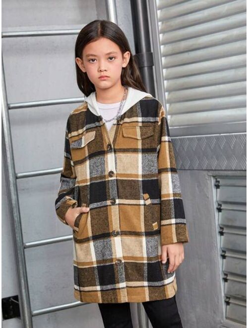 SHEIN Tween Girl Plaid Print Hooded Neck Dual Pocket Coat