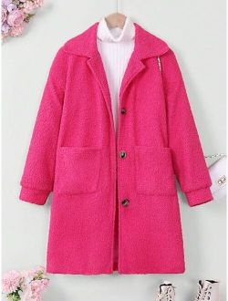 Tween Girl 1pc Dual Pocket Button Front Teddy Coat