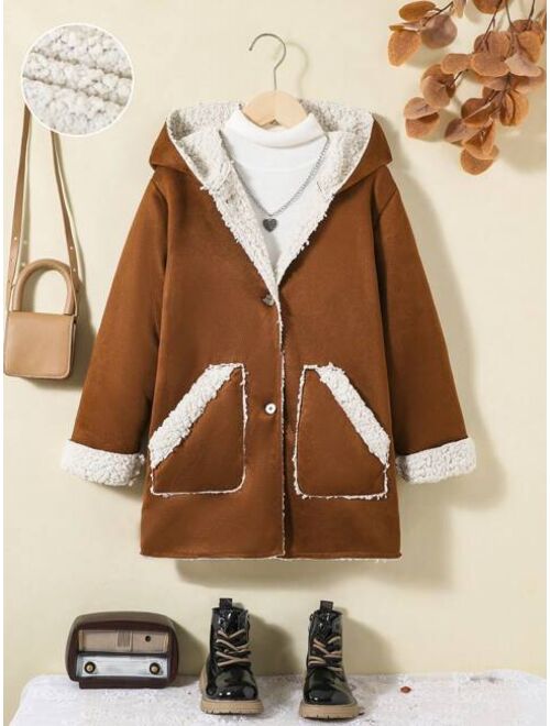 SHEIN Tween Girl 1pc Dual Pocket Teddy Lined Hooded Coat