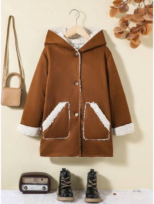 SHEIN Tween Girl 1pc Dual Pocket Teddy Lined Hooded Coat