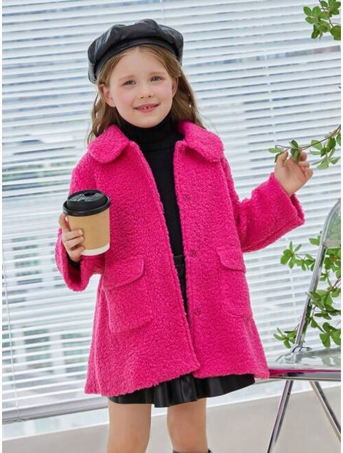 SHEIN Young Girl Flap Pocket Snap Button Up Drop Shoulder Teddy Coat