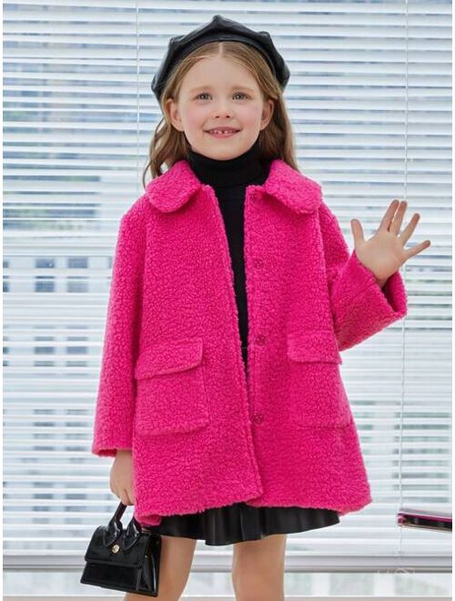 SHEIN Young Girl Flap Pocket Snap Button Up Drop Shoulder Teddy Coat