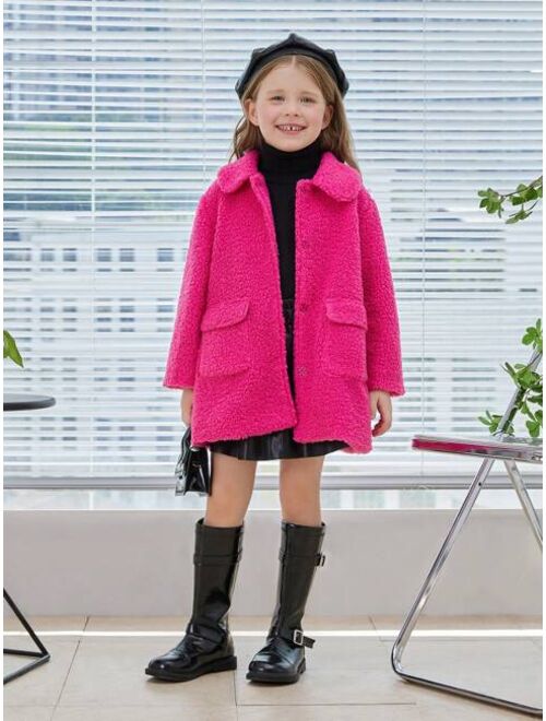 SHEIN Young Girl Flap Pocket Snap Button Up Drop Shoulder Teddy Coat