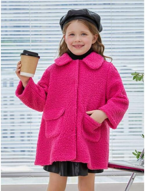 SHEIN Young Girl Flap Pocket Snap Button Up Drop Shoulder Teddy Coat