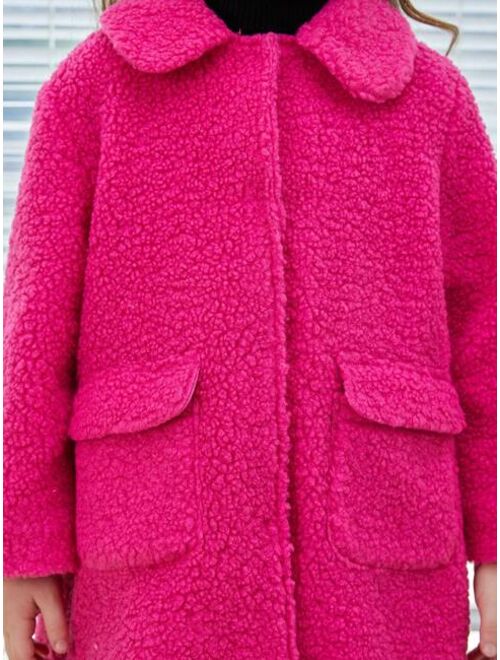 SHEIN Young Girl Flap Pocket Snap Button Up Drop Shoulder Teddy Coat