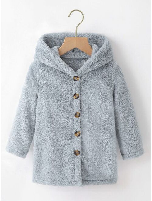 SHEIN Kids EVRYDAY Toddler Girls Button Front Hooded Teddy Coat