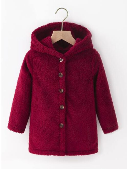 SHEIN Kids EVRYDAY Toddler Girls Button Front Hooded Teddy Coat