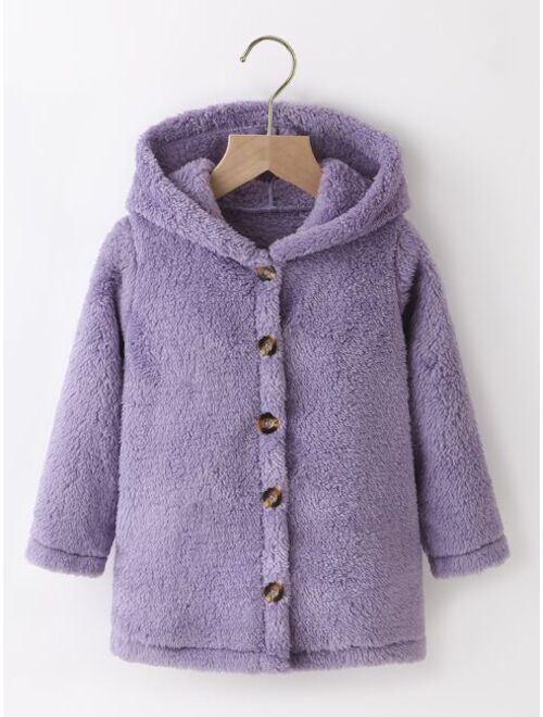 SHEIN Kids EVRYDAY Toddler Girls Button Front Hooded Teddy Coat