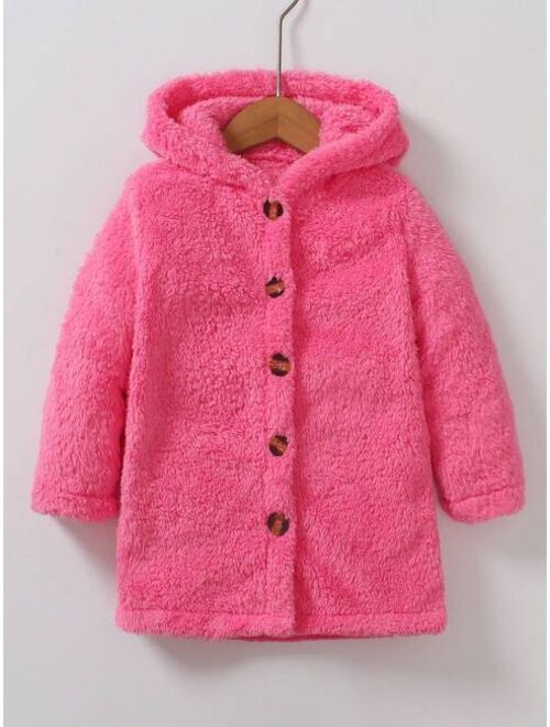 SHEIN Kids EVRYDAY Toddler Girls Button Front Hooded Teddy Coat