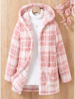 Tween Girl 1pc Plaid Pattern Dual Pocket Hooded Coat