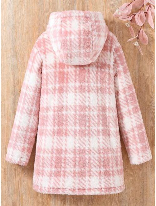 Tween Girl 1pc Plaid Pattern Dual Pocket Hooded Coat