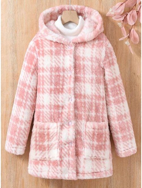 Tween Girl 1pc Plaid Pattern Dual Pocket Hooded Coat