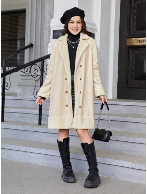 Teen Girls Lapel Neck Teddy Lined Faux Suede Coat