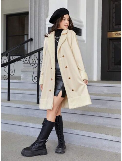 Teen Girls Lapel Neck Teddy Lined Faux Suede Coat