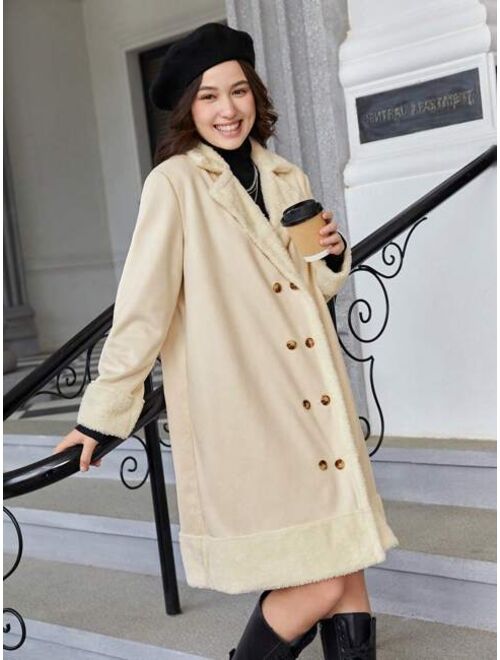 Teen Girls Lapel Neck Teddy Lined Faux Suede Coat