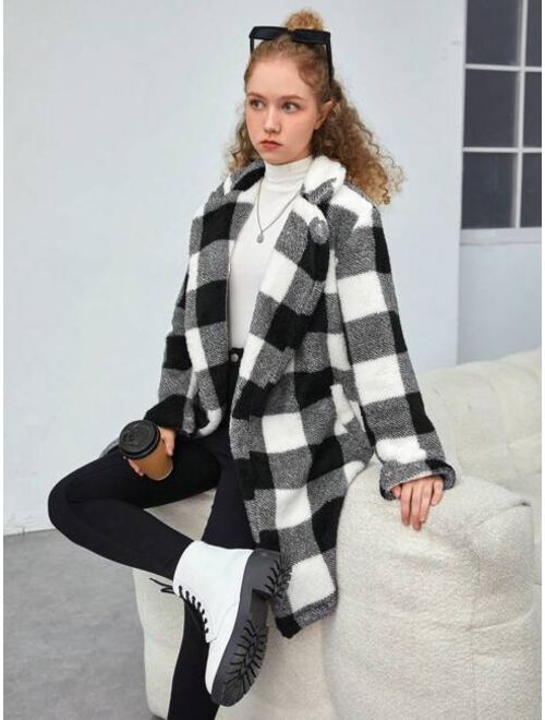 SHEIN Teen Girl Buffalo Plaid Print Double Breasted Coat