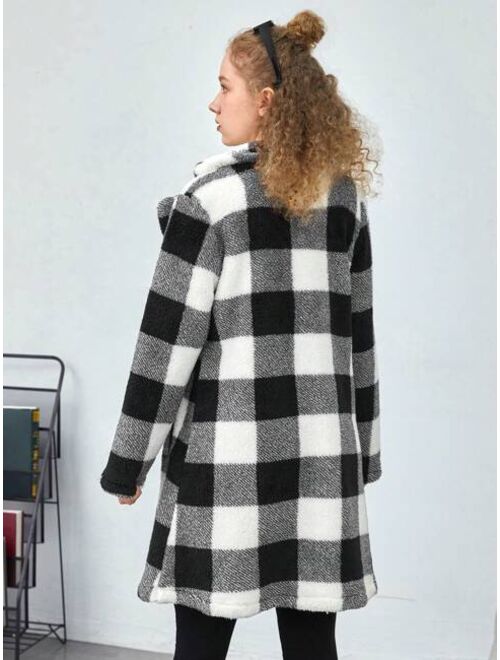 SHEIN Teen Girl Buffalo Plaid Print Double Breasted Coat