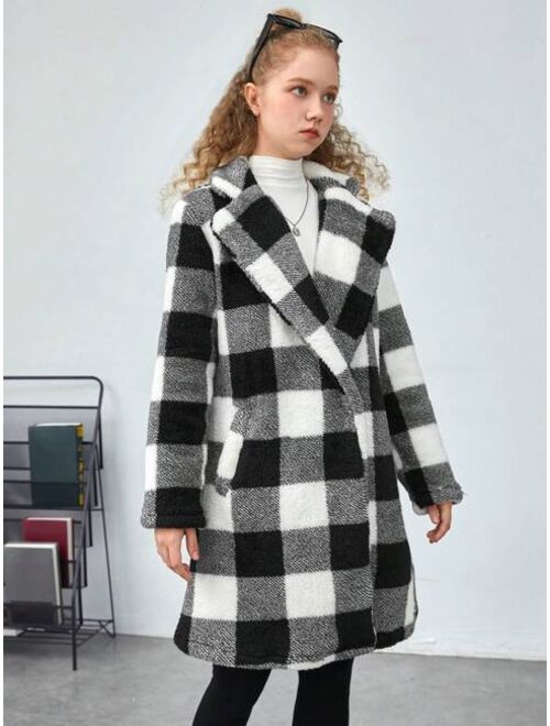 SHEIN Teen Girl Buffalo Plaid Print Double Breasted Coat