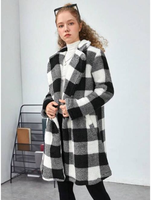 SHEIN Teen Girl Buffalo Plaid Print Double Breasted Coat