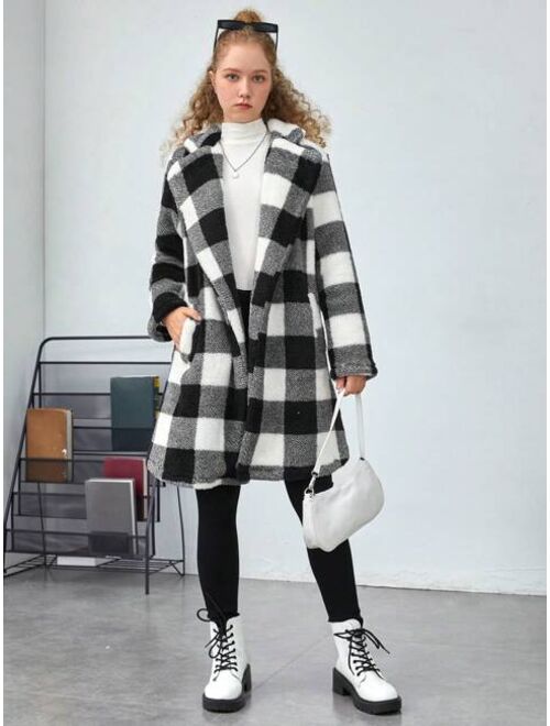 SHEIN Teen Girl Buffalo Plaid Print Double Breasted Coat