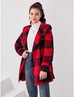 Teen Girl Buffalo Plaid Pattern Drop Shoulder Hooded Teddy Coat