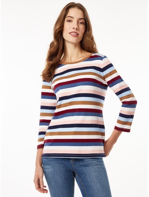 JONES NEW YORK Women's Cotton Striped Button-Shoulder T-Shirt