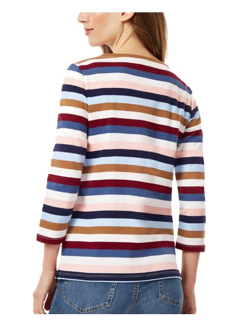 JONES NEW YORK Women's Cotton Striped Button-Shoulder T-Shirt