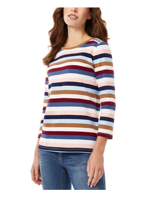 JONES NEW YORK Women's Cotton Striped Button-Shoulder T-Shirt