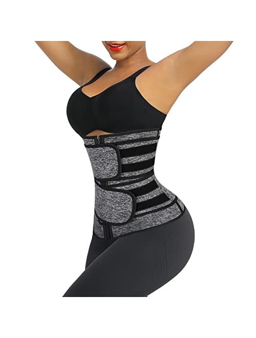 FeelinGirl Waist Trainer for Women Long Torso Sauna Workout Double Belt With Zipper 7 Steel Bones