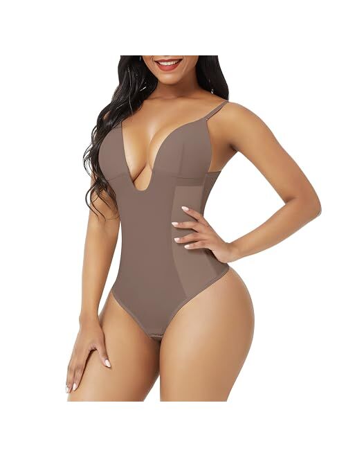 FeelinGirl Thong Shapewear Bodysuit for Women Tummy Control Body Shaper U Plunge Fajas Colombianas Waist Trainer Corset