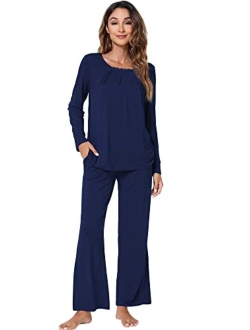 Bamboo Soft Pajamas Sets for Women Long Sleeve Sleepwear Loose Comfy Pjs Set with Pants Plus Size Loungewear S-4X