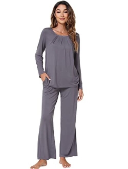 Bamboo Soft Pajamas Sets for Women Long Sleeve Sleepwear Loose Comfy Pjs Set with Pants Plus Size Loungewear S-4X