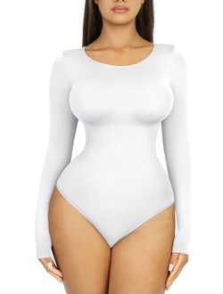 Seamless Long Sleeve Thong Bodysuit for Women-2023 Fall Fashion Shirt Tops