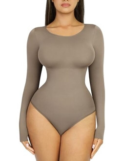 Seamless Long Sleeve Thong Bodysuit for Women-2023 Fall Fashion Shirt Tops