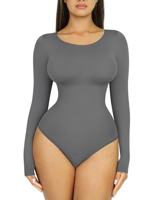 FeelinGirl Seamless Long Sleeve Thong Bodysuit for Women-2023 Fall Fashion Shirt Tops