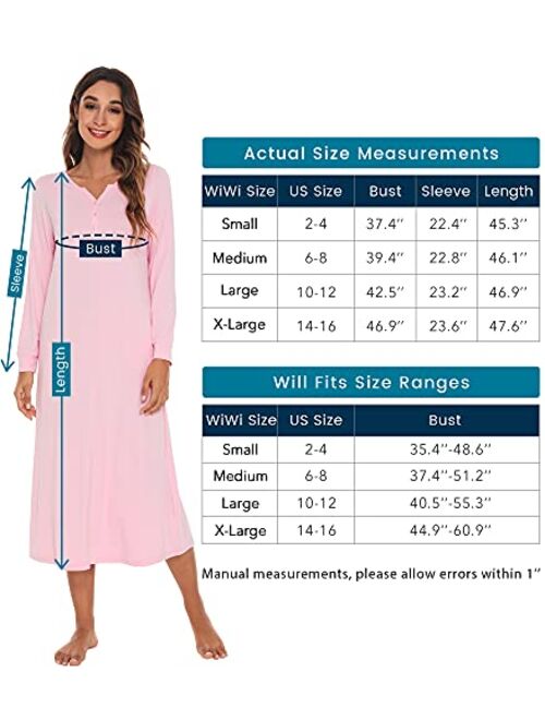 WiWi Bamboo Viscose Nightgowns for Women Soft Sleepshirts Long Sleeve Nightshirts Pajamas Sleepwear Loungewear S-XXL