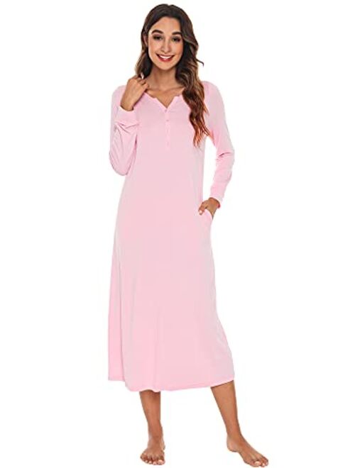 WiWi Bamboo Viscose Nightgowns for Women Soft Sleepshirts Long Sleeve Nightshirts Pajamas Sleepwear Loungewear S-XXL