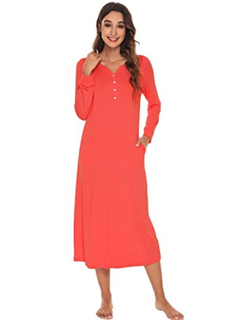 WiWi Bamboo Viscose Nightgowns for Women Soft Sleepshirts Long Sleeve Nightshirts Pajamas Sleepwear Loungewear S-XXL