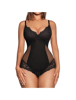 Lace Bodysuit for Women Tummy Control Shapewear V Neck Backless Tank Tops One Piece Body Shaper Fajas Thongs