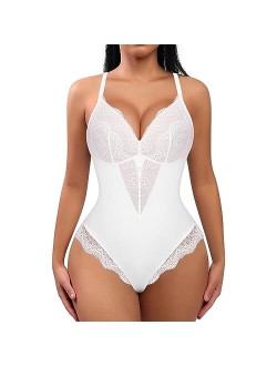 Lace Bodysuit for Women Tummy Control Shapewear V Neck Backless Tank Tops One Piece Body Shaper Fajas Thongs