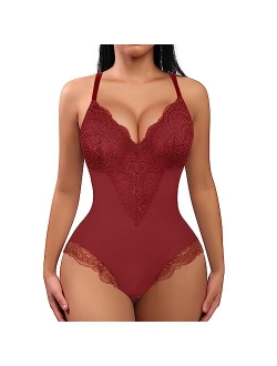 Lace Bodysuit for Women Tummy Control Shapewear V Neck Backless Tank Tops One Piece Body Shaper Fajas Thongs