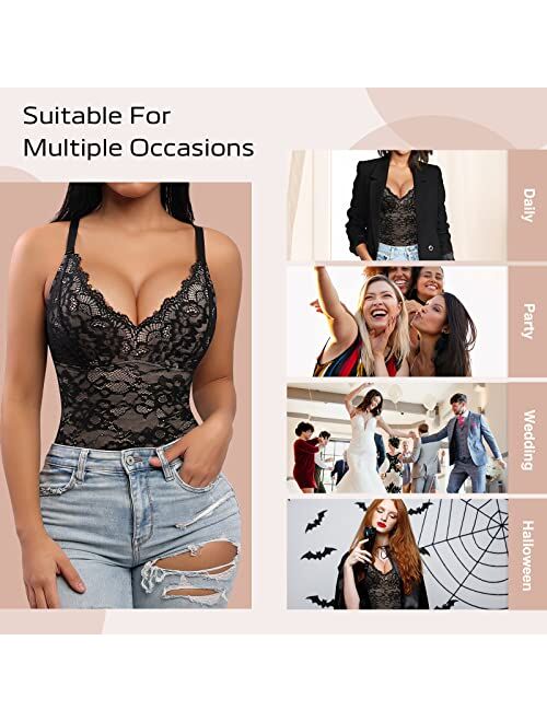 FeelinGirl Lace Bodysuit for Women Tummy Control Shapewear V Neck Backless Tank Tops One Piece Body Shaper Fajas Thongs