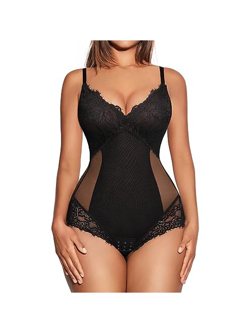 FeelinGirl Lace Bodysuit for Women Tummy Control Shapewear V Neck Backless Tank Tops One Piece Body Shaper Fajas Thongs