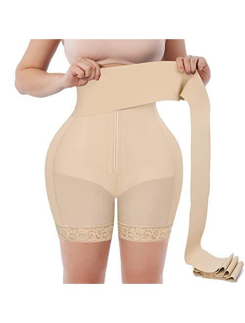 FeelinGirl Shapewear for Women Tummy Control Faja Butt Lifter Body Shaper Thigh Slimmer Shorts with Removable Waist Wrap