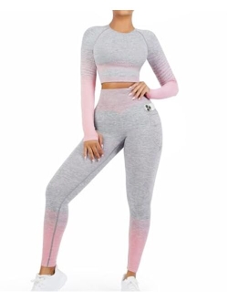 Workout Sets for Women 2 Piece Long Sleeve Yoga Outfits Seamless Ribbed Crop Top High Waist Legging