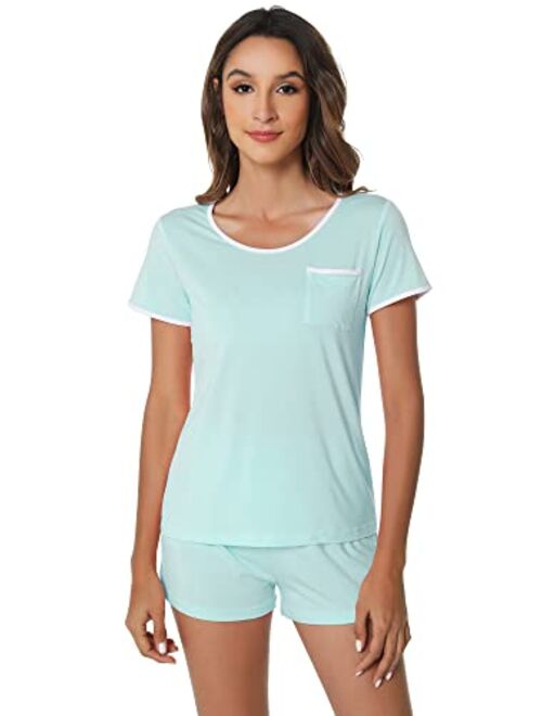 WiWi Pajamas for Women Bamboo Viscose Ultra Soft Pajama Set Short Sleeve Top with Shorts Plus Size Pjs Sleepwear S-4X