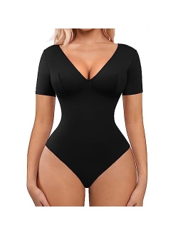 Bodysuit for Women Tummy Control Short/Long Sleeve Going Out Bodysuits V/Scoop Neck Shirt One Piece Slim Top