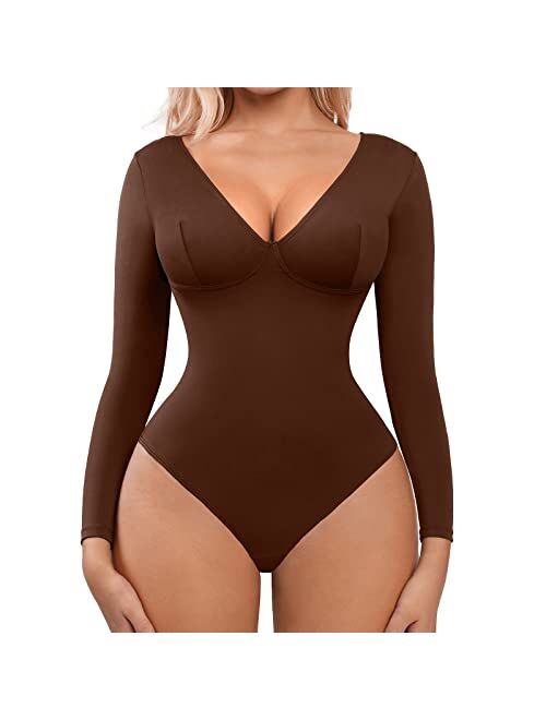 FeelinGirl Bodysuit for Women Tummy Control Short/Long Sleeve Going Out Bodysuits V/Scoop Neck Shirt One Piece Slim Top