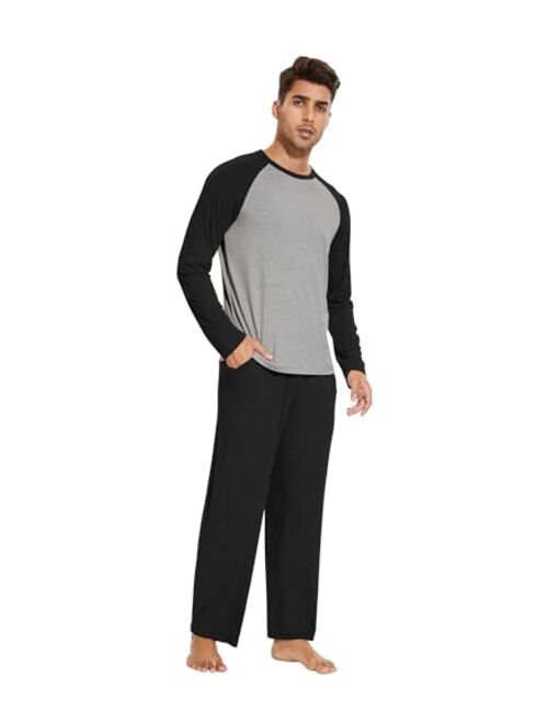 WiWi Men's Bamboo Pajama Sets Soft Lightweight Top with Pants Loose Comfy Pj Set S-XXL